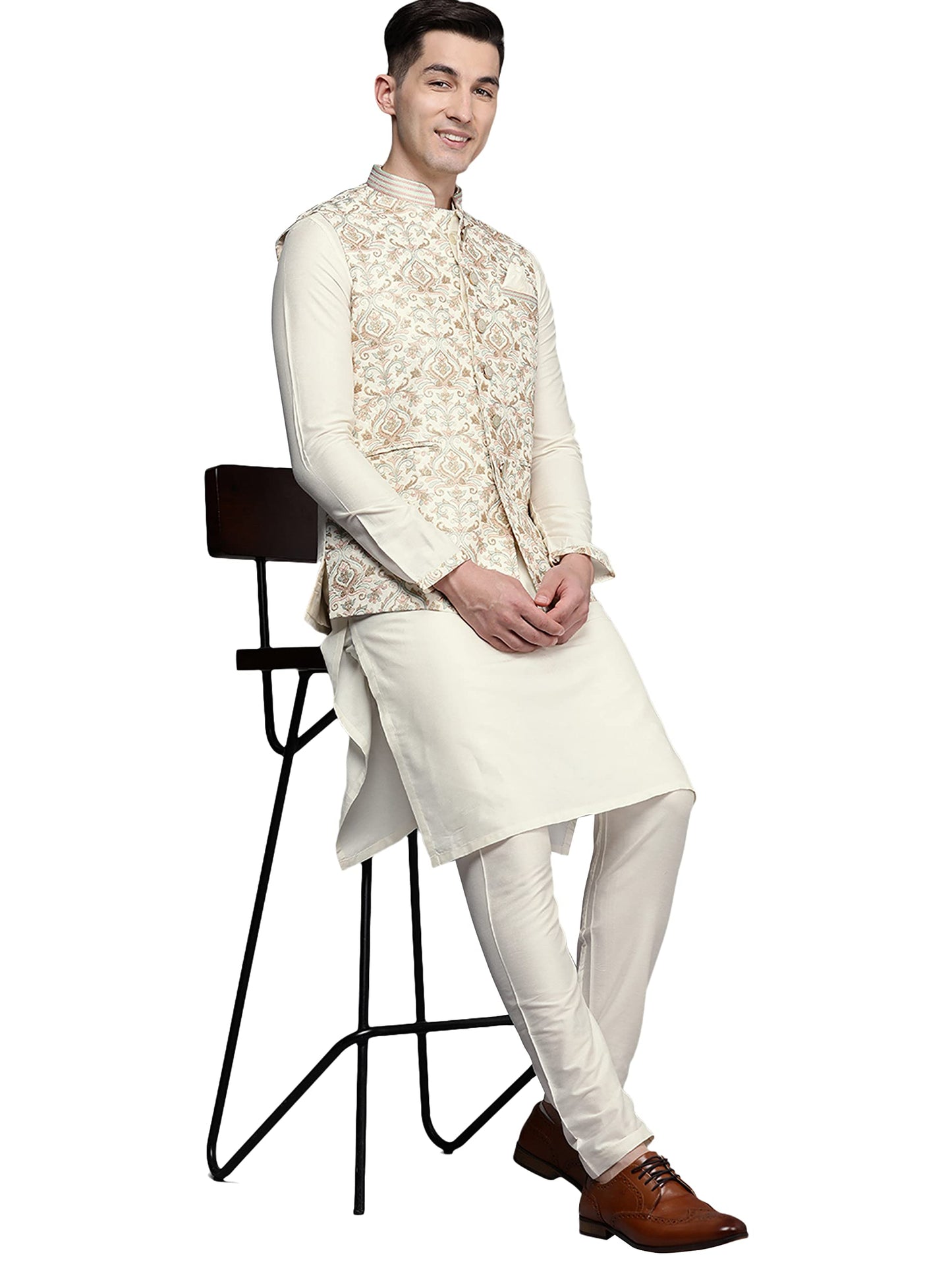 Manyavar Kurta Jacket Set for Men, Full Sleeves Mandarin Collar Ethnic Kurta Jacket Set for Festival, Wedding, Party Blended Viscous (Off White) (M)