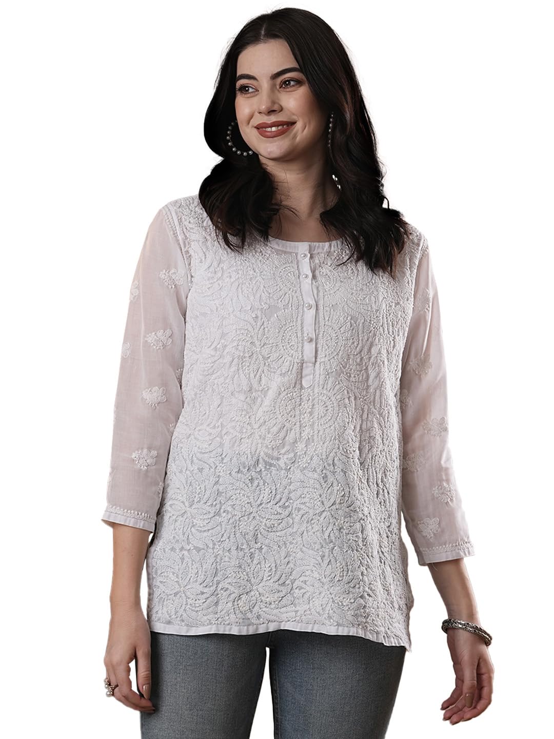 Ada Hand Embroidered Lucknow Chikankari Straight White Cotton Short Kurti Top Tunic for Women A100230 (M)