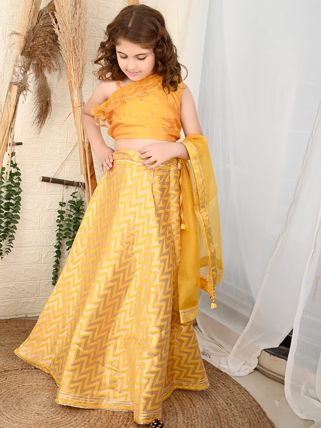 LILPICKS Girls One Shoulder Embellished Choli with Printed Lehenga Set (Yellow) (Size 7-8Y)