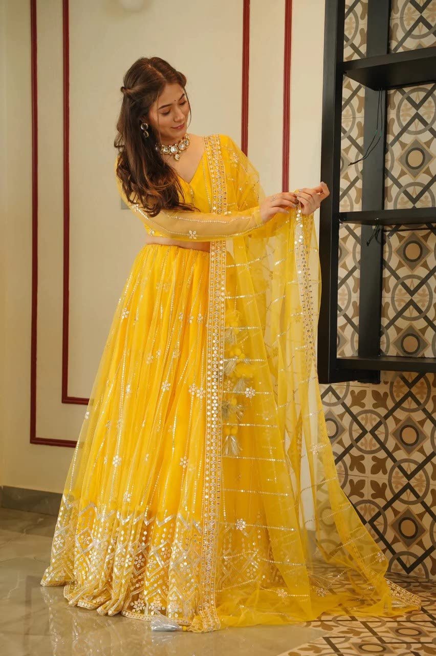 Fashion Basket Net Yellow Lehnega Choli For Womens (FB-LH-L8265-Yellow)
