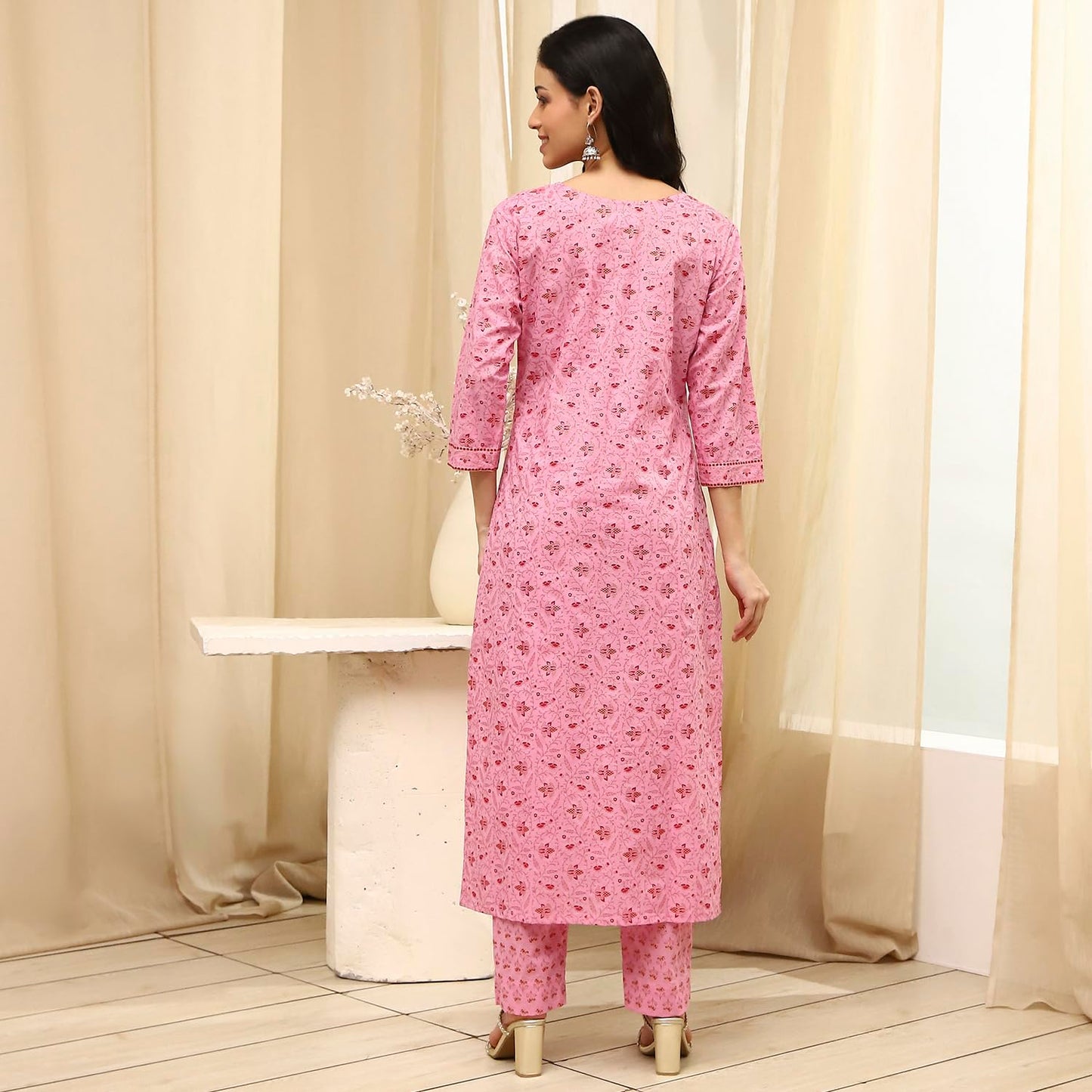 BIBA Women Pink Cotton Screen Print Unstitched Suit Set_FREE SIZE