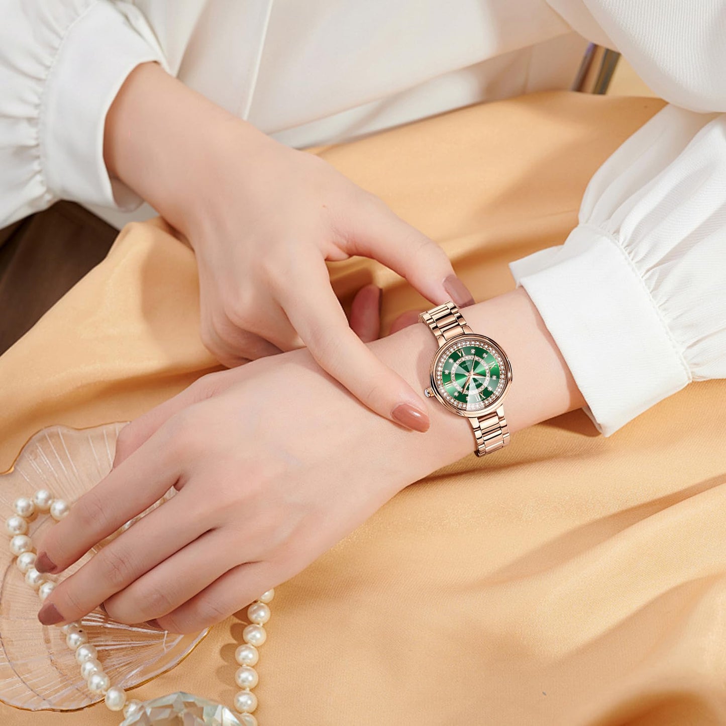 NIBOSI Women Watches Rose Gold Stainless Steel Analog Quartz Luxury Diamond Latest Watch for Ladies Luxury Stylish Waterproof (Rose Green)