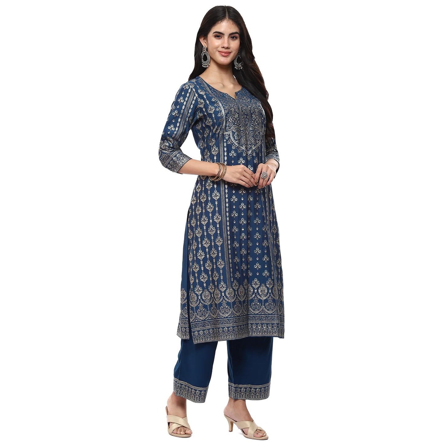 BIBA Women Polyester Blend Printed Straight Salwar Kurta Dupatta(Skddurgotsa8916_Teal_36), Green