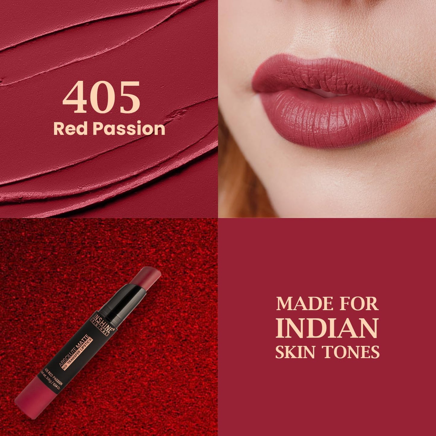 INSHINE Absolute Matte Lipstick - Long-lasting, Transfer-resistant, Velvety Matte Finish with Intense Color, Up to 12 Hours Wear | Perfect for Sophisticated Lips - RED PASSION