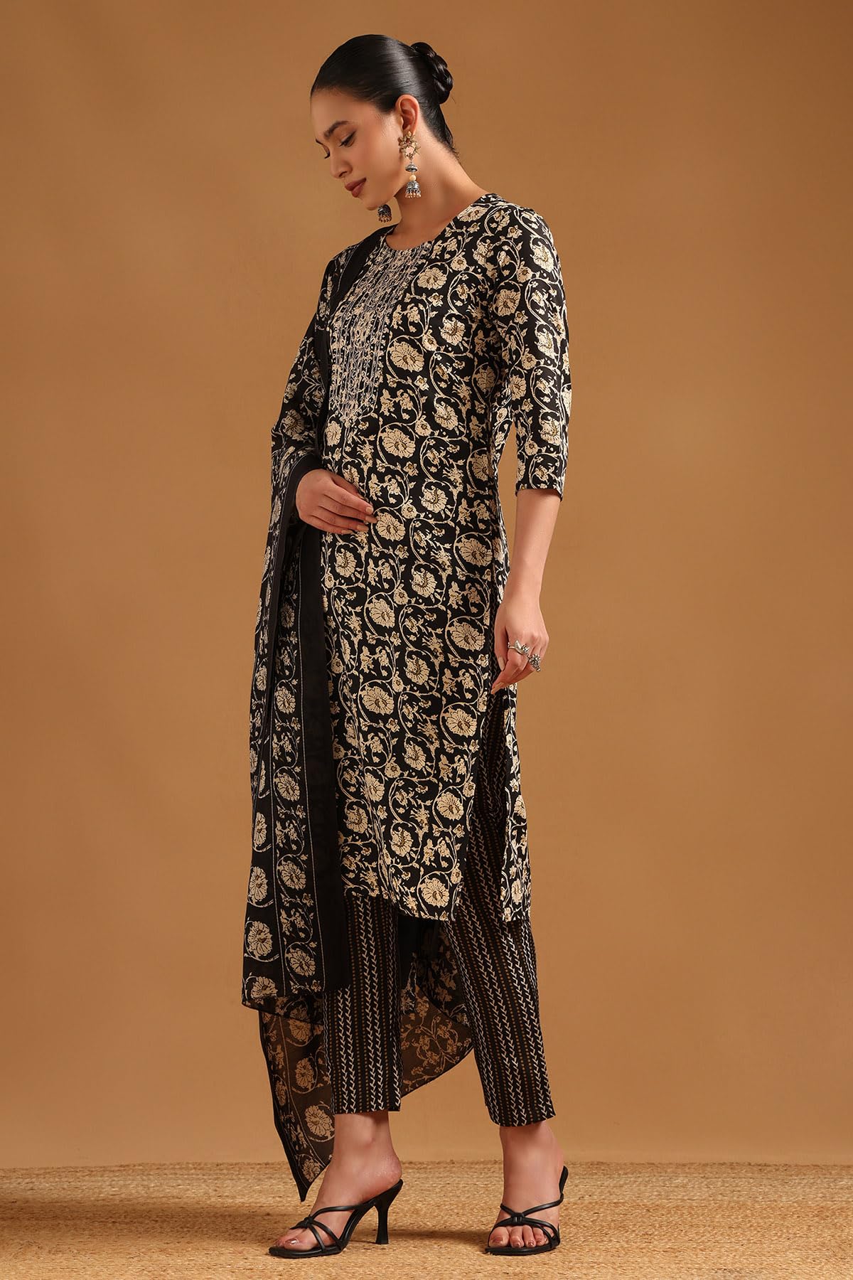 Soch Womens Black Cotton Blend Botanical Salwar Suit With Sequins