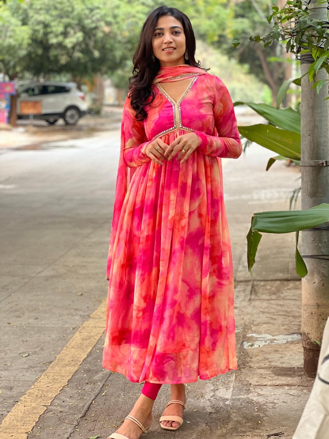 KD Women's Anarkali Floral Printed Georgette Kurta Pant Set with Dupatta (Pink, L)