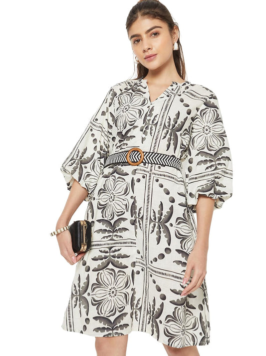 Max Women Printed Shirt Dress with Belt(White_M)