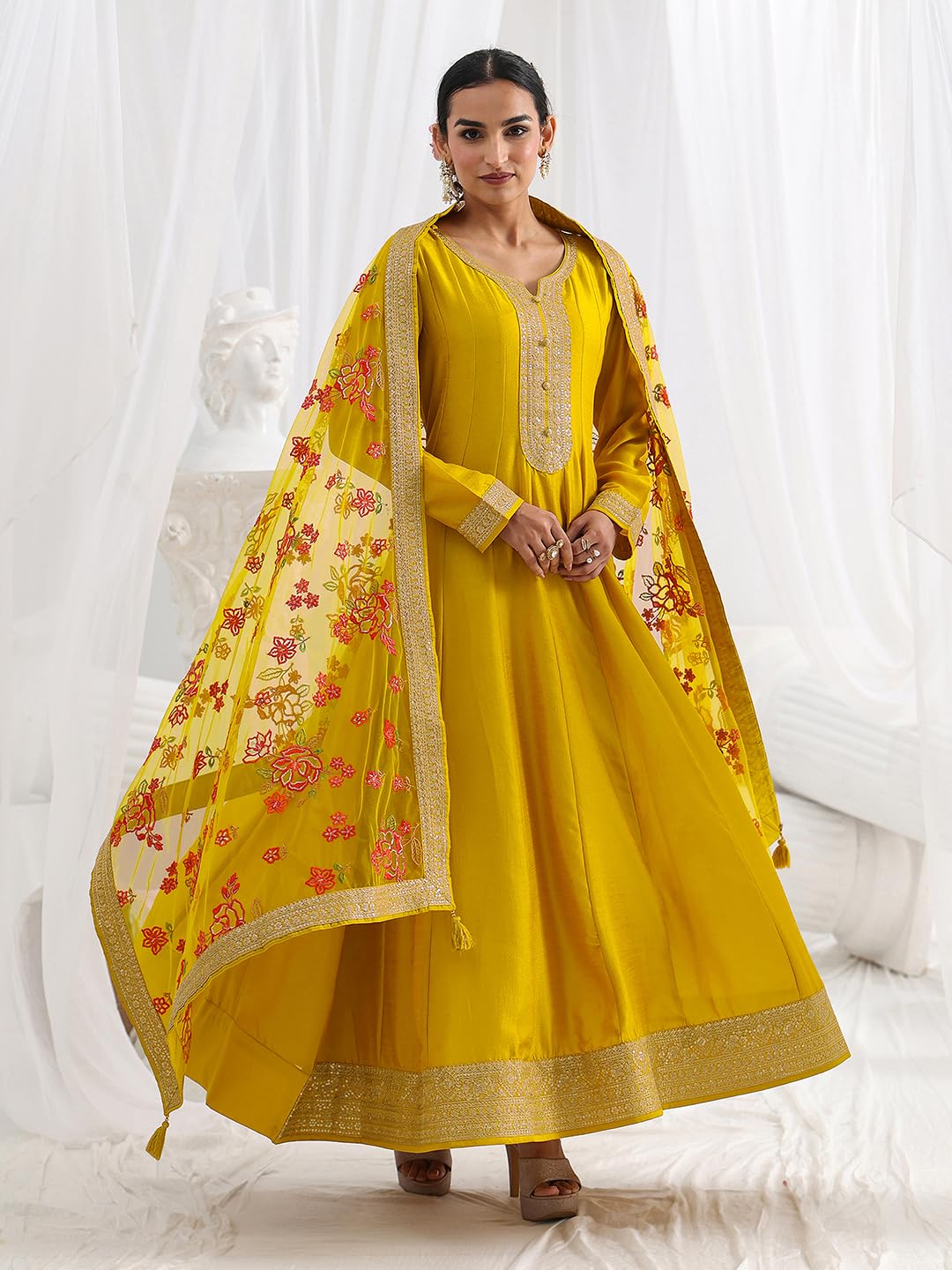 Libas Embroidered Silk Blend A-Line Ethnic Dress with Dupatta-93611XL