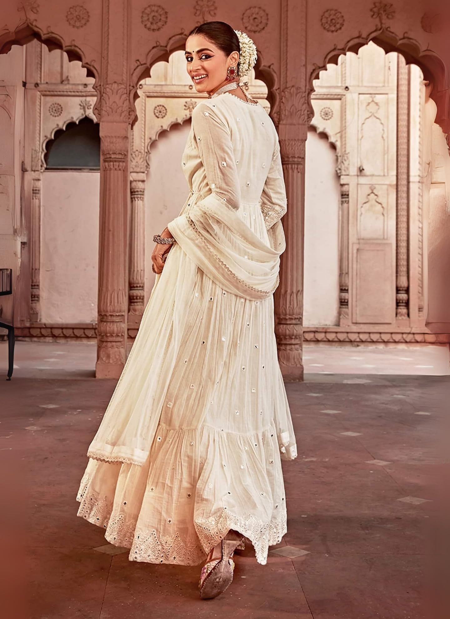 Elegant White Pure Cotton Angrakha Anarkali with Foil Mirror and Thread Embroidery Work