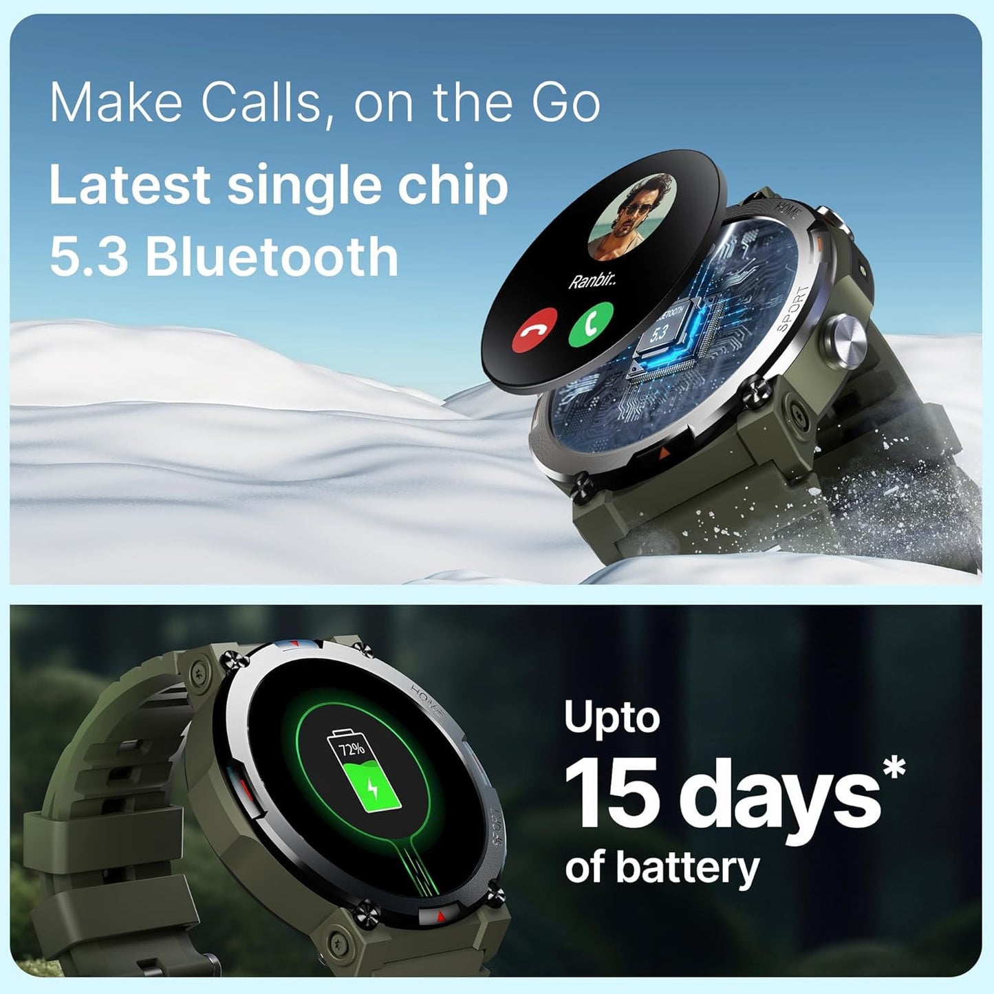 CrossBeats Everest 2.0 Smart Watch for Men 1.43" True AMOLED, Always ON Display Bluetooth Calling Rugged Outdoor Military Grade Certified Upto 15 Days Battery Life Smartwatch 100+ Sports Mode (Green)