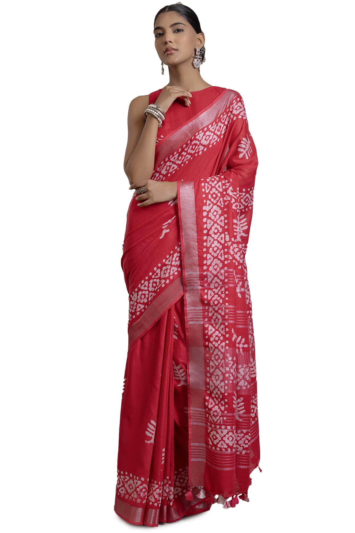 Soch Womens Fuchsia Linen Batik Print Sarees With Tassels