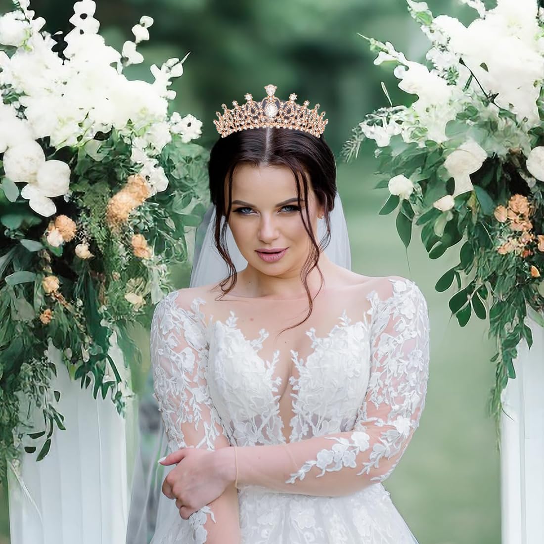 Shining Diva Fashion Crystal Tiara and Crown for Women Stylish Headband Crowns with Comb Tiaras for Girls Kids Queen Princess Wedding Bridal Birthday Gift Hair Accessories (Rose Gold) (15870hb)