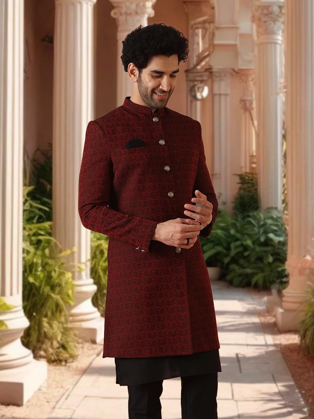 KISAH Sherwani Set for Men – Silk Blend Jacquard Indo Western Sherwani with Kurta and Trouser | Designer Ethnic Outfit for Weddings & Festivals, Maroon, 38