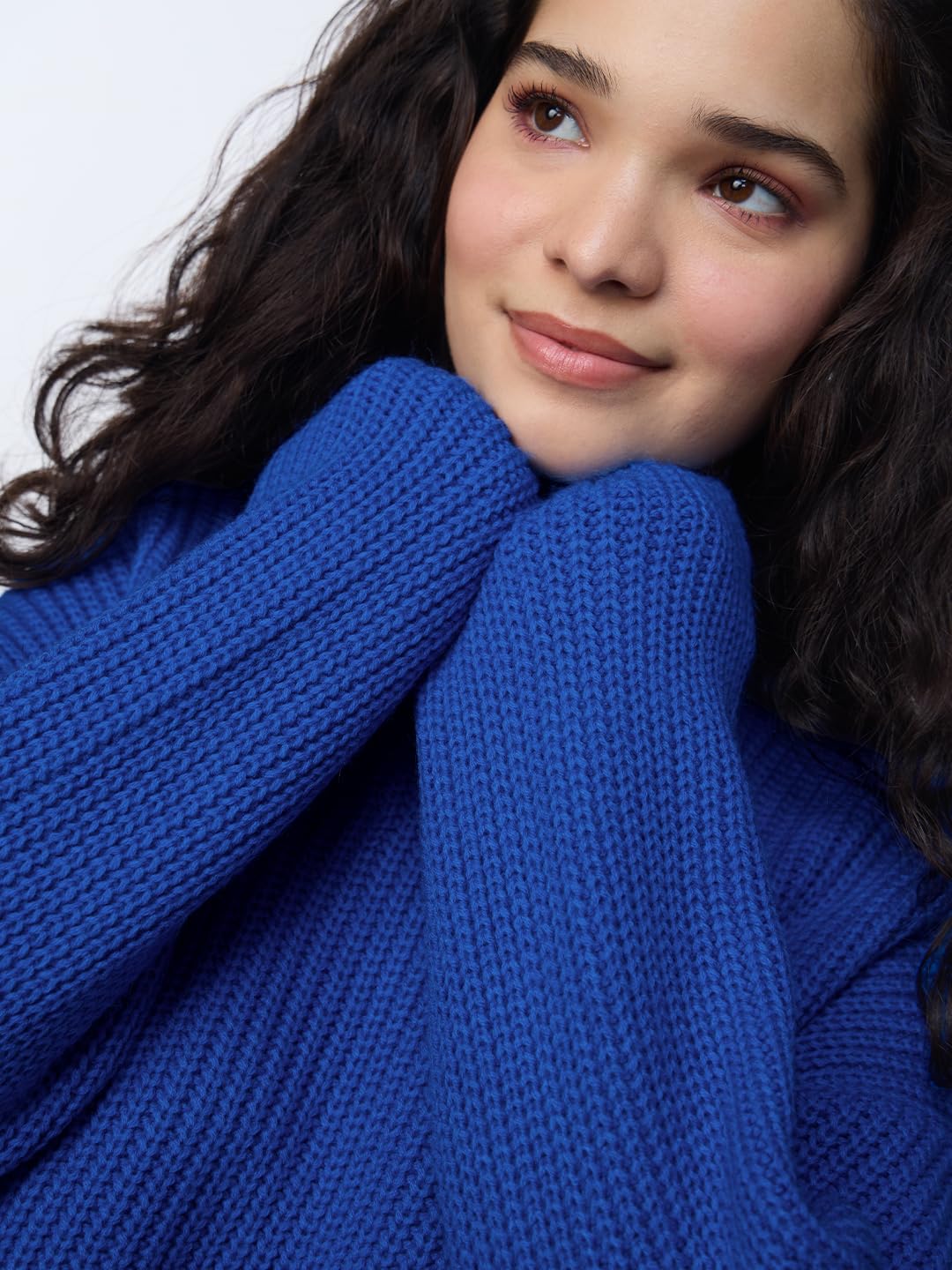 The Souled Store Knitted Sweater: Royal Blue Women and Girls Long Sleeves Round Neck Solid Pull Over Acrylic Oversized Sweaters