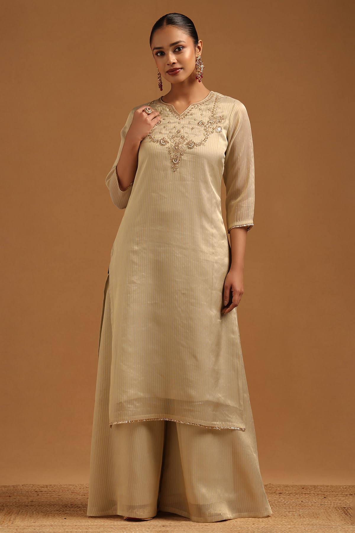 Soch Womens Beige Tissue Stripes Salwar Suit With Sequins