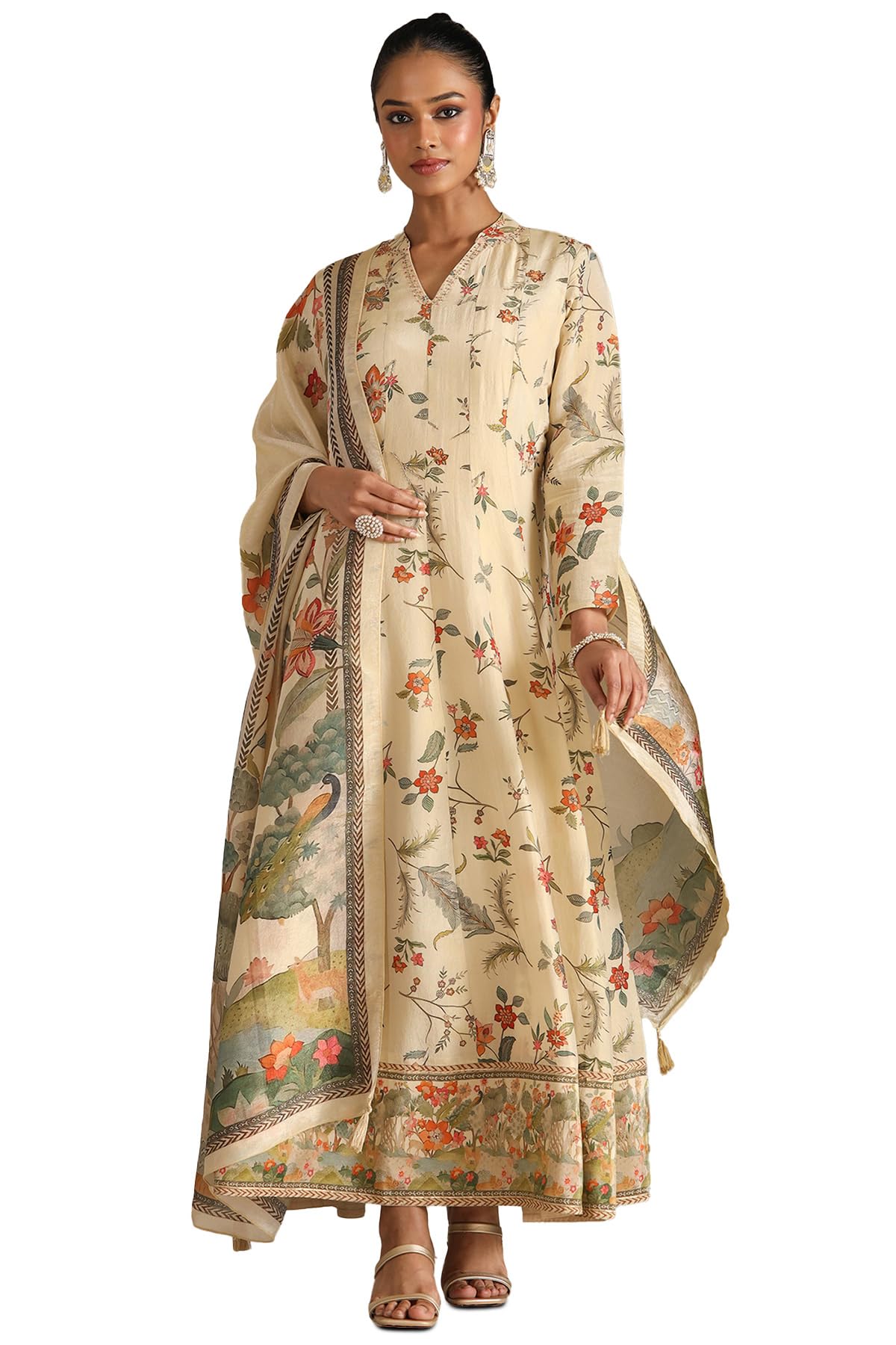 Soch Womens Beige Viscose Floral Print Gown with Cutdana