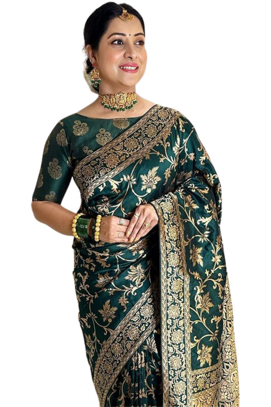 SGF11 Women's Kanjivaram Soft Silk Saree With Blouse Piece (Green Gold)