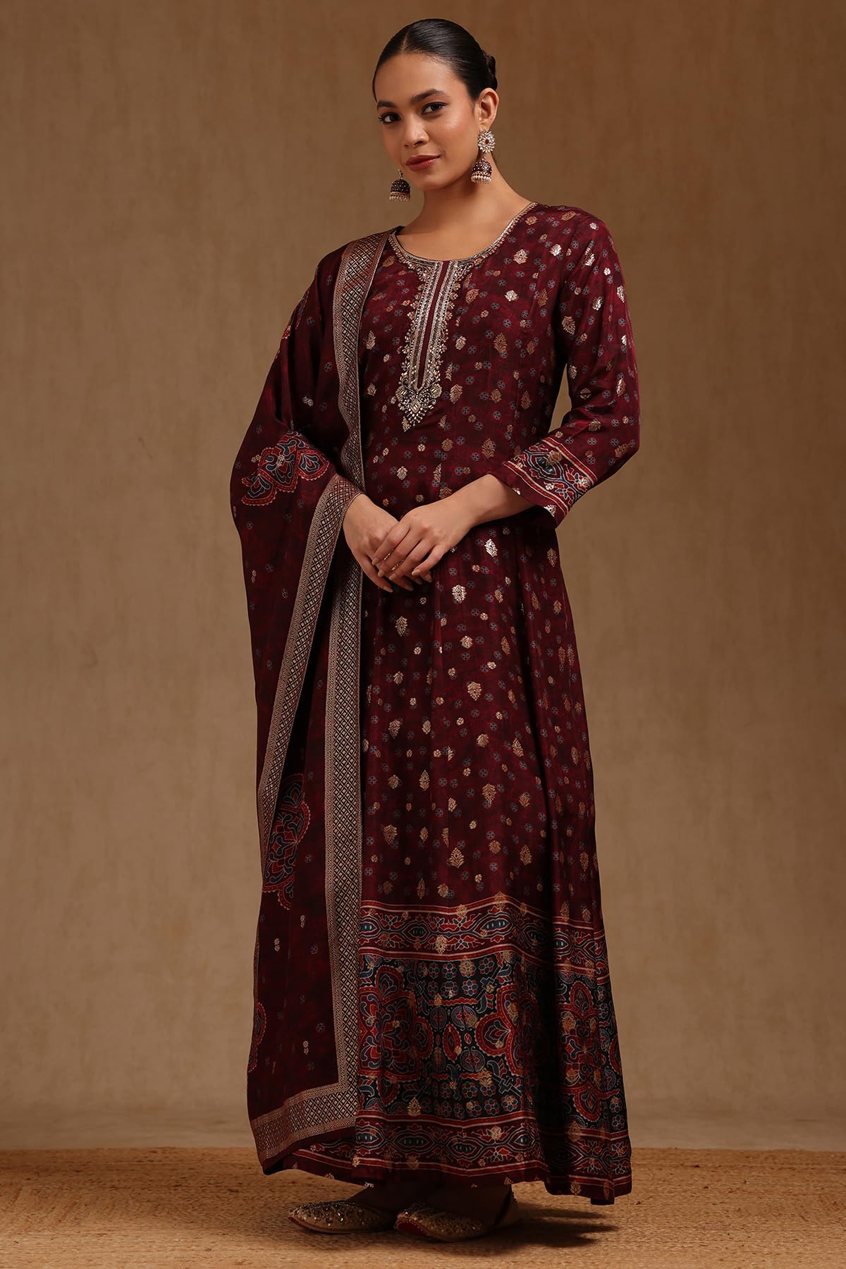 Soch Womens Wine Russian Silk Ethnic Motifs Gown with Mirror and Cutdana