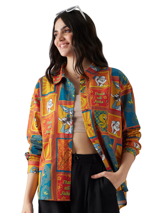 The Souled Store Official Looney Tunes: Indie Vibes Women Oversize Fit Full Sleeves Graphic Printed Polyester Multicolored Shirt Shirts Casual Button-Down Half Sleeve Printed Graphic Short