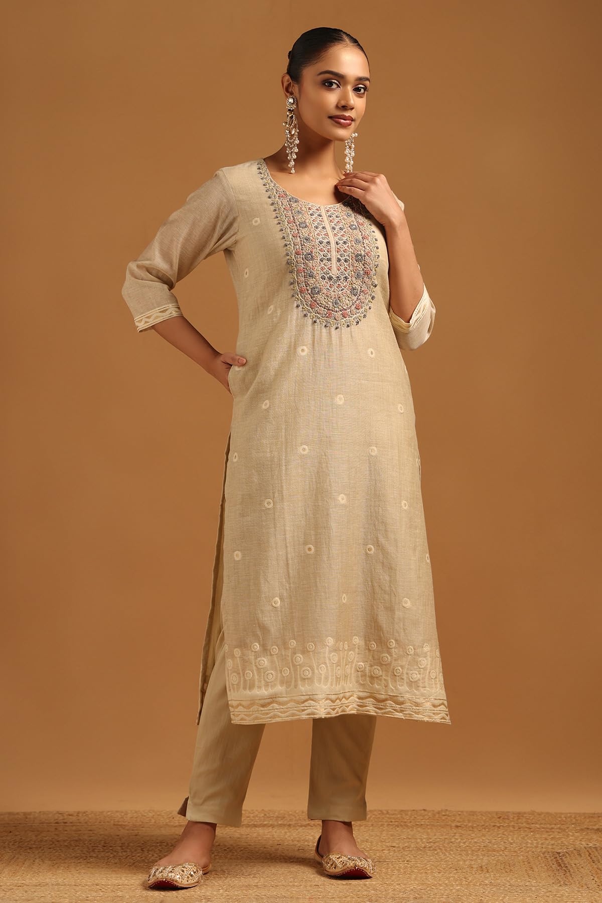 Soch Womens Beige Linen Floral Salwar Suit With Thread Work