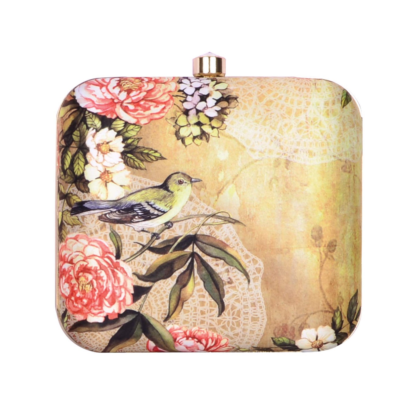 Artklim Beige Based Floral and Bird Printed Clutch Bag For Women With Detachable Chain Strap