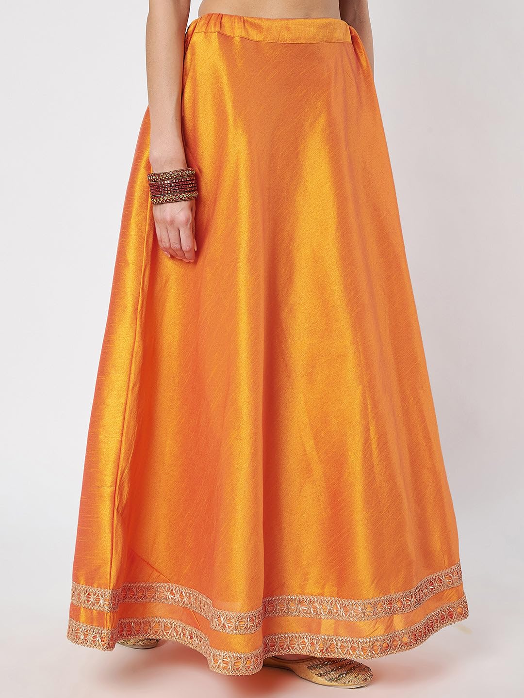 studio rasa Women's Dupion Solid Embellished Bias Skirt for Festive Party Wedding (SKTC42501L_Orange_Large)