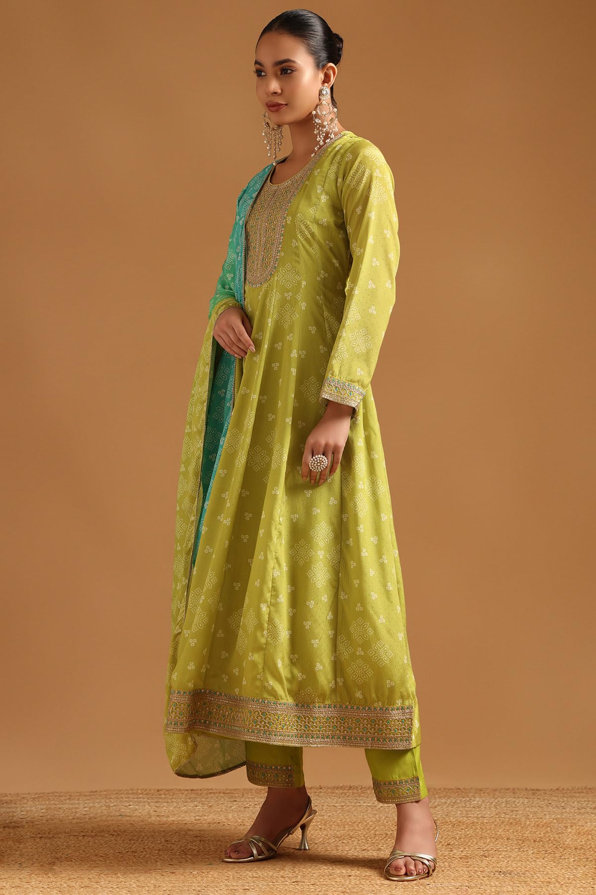 Soch Womens Green Poly Chinon Bandhani Salwar Suit With Sequence Work