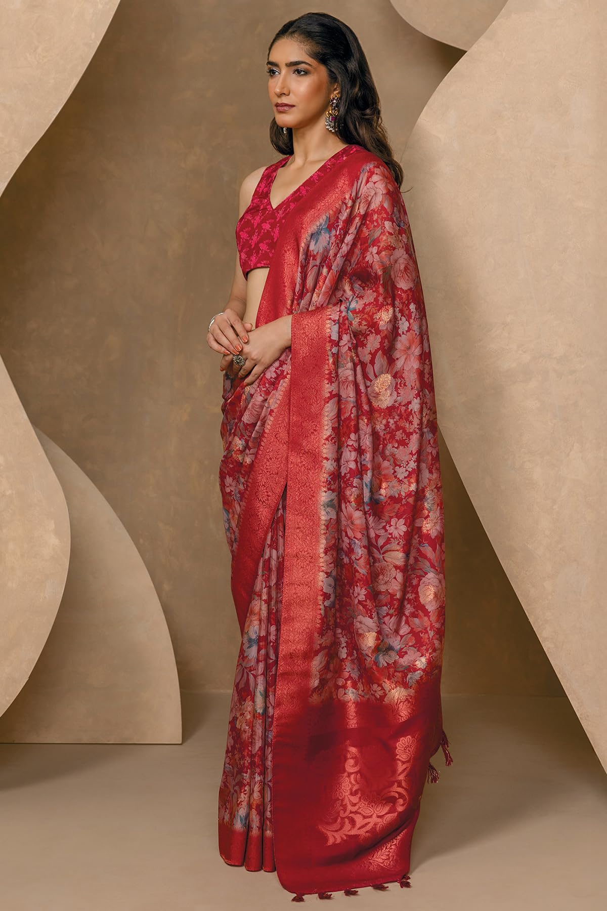 Soch Womens Deep Red Chanderi Floral Print Saree