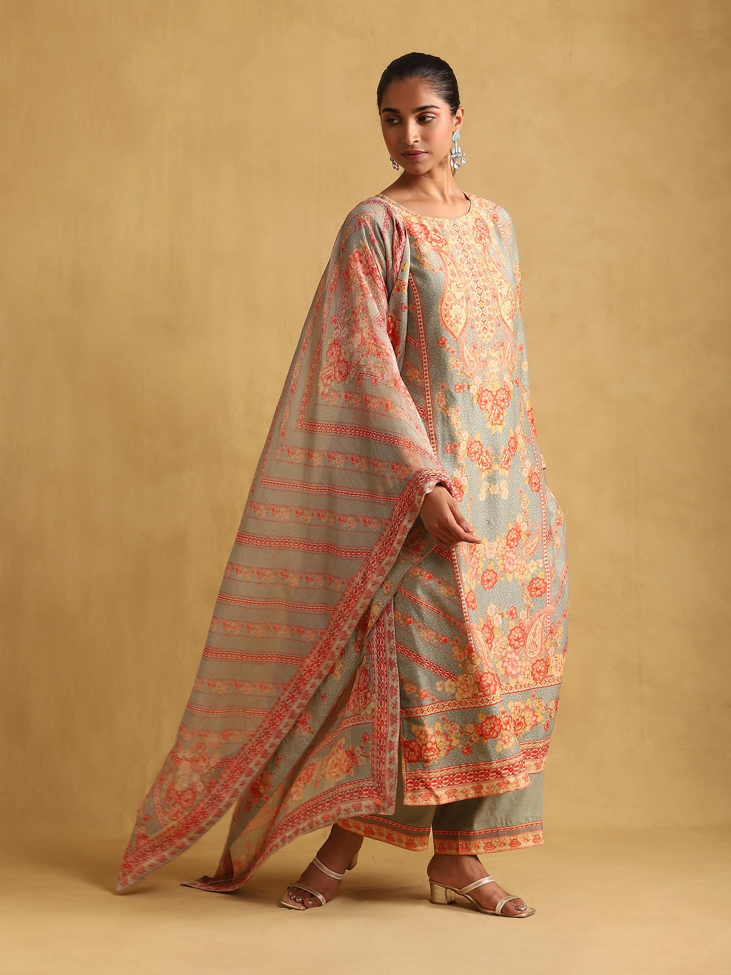 Ritu Kumar Green Floral Print Chanderi Kurta With Palazzo And Dupatta