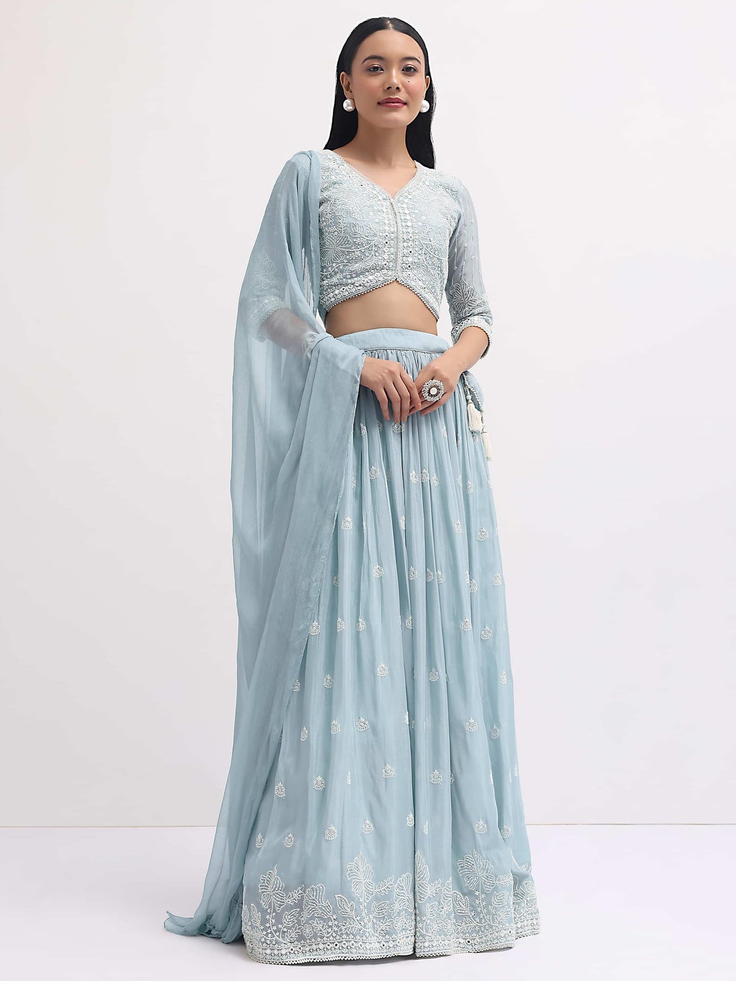 Zeel Clothing Women's Sequins Thread Embroidered Georgette Designer Semi Stitched Lehenga Choli With Dupatta (5127-Skyblue-Womens-Lehenga-Choli-Latest; Free Size) (Pink), Light Blue