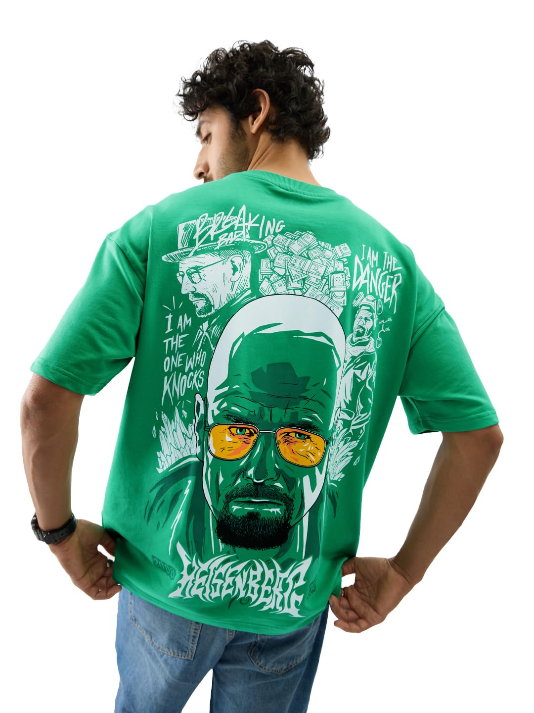 The Souled Store Official Breaking Bad Heisenberg Green Graphic Printed Cotton Oversized T-Shirts for Men and Boys - Iconic Short Sleeve Round Neck Tees