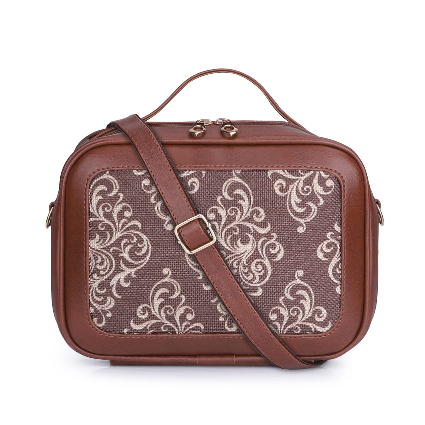 The Clownfish Abana Polyester and Faux Leather Crossbody Sling Bag with Top Handle for Women Party Bag Purse with Adjustable Shoulder Strap and Printed Design for Ladies College Girls (Brown)