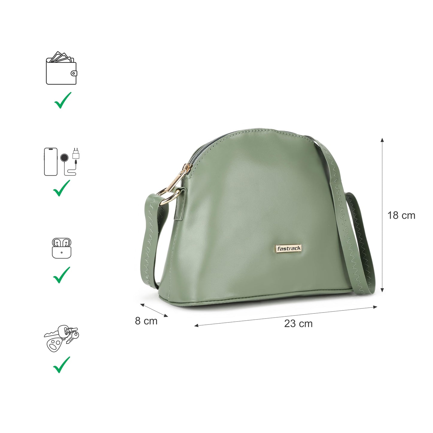 Fastrack Sling Bag | Faux Leather Sling With Adjustable Belt and Quick Access Pocket | Zip Closure and Spacious Interior | Trendy Women's Handbags, Green
