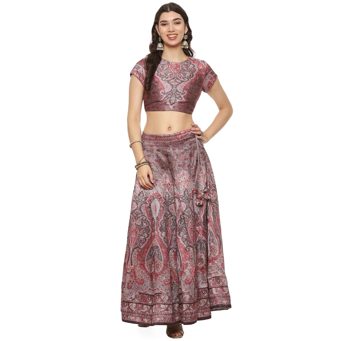 BIBA Women Printed Cotton Blend Readymade Lehenga Set (Skirt Se2190_Coffee_40)