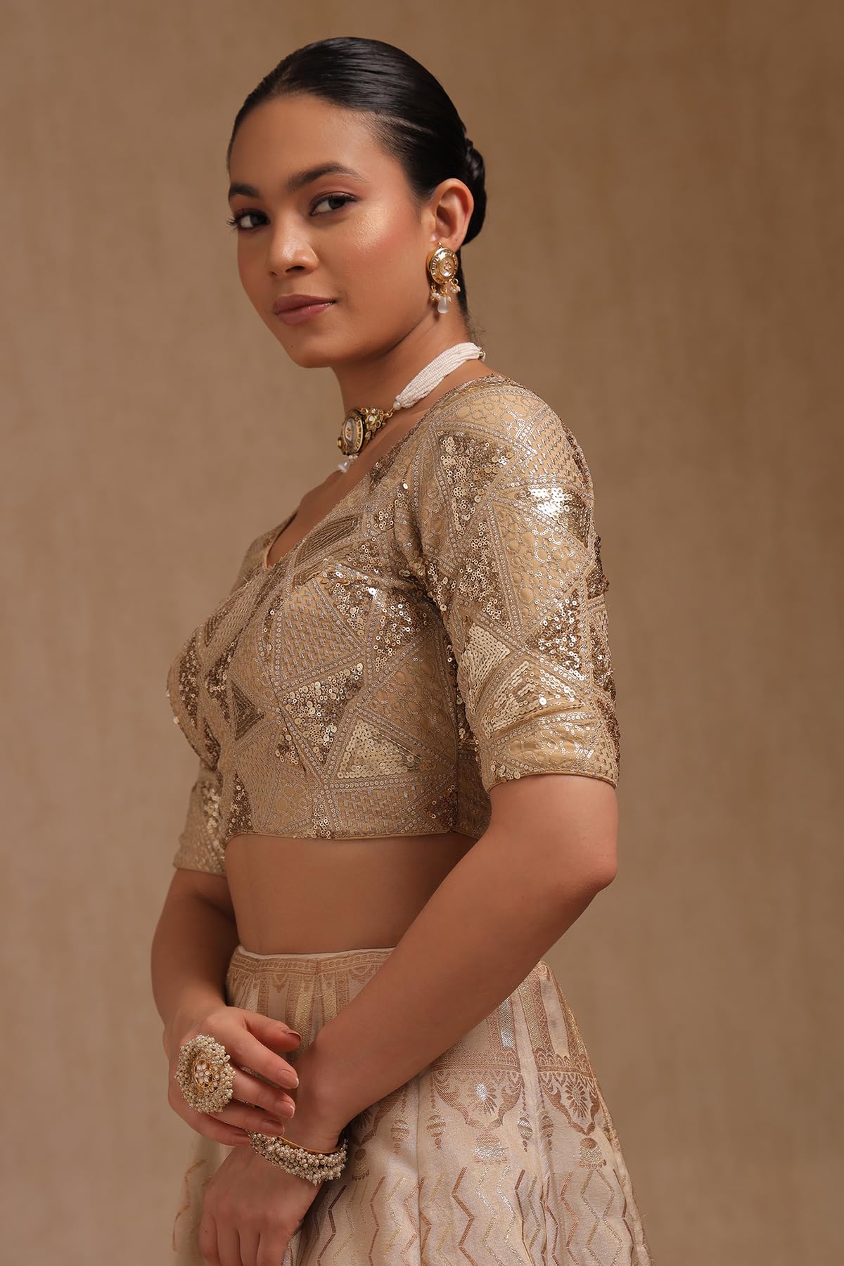 Soch Women's Georgette Embellished Short Sleeves Regular Fit Blouse (BLHSSEQ00727_Beige 38)