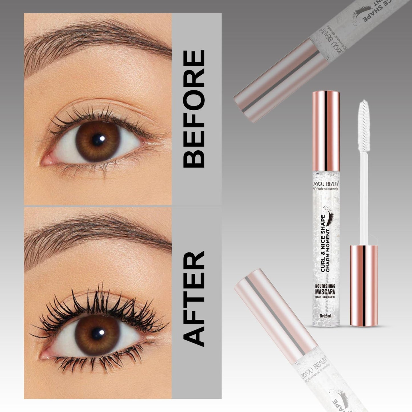 Lakyou Beauty Curl & Nice Shape Charm Moment Transparent Mascara | Smudge Proof | Waterproof | Volumizing, Lengthening, Clear & Long Lasting | Curls Lashes | Set Brows | Highly Pigmented | For All Skin Types | 8ml