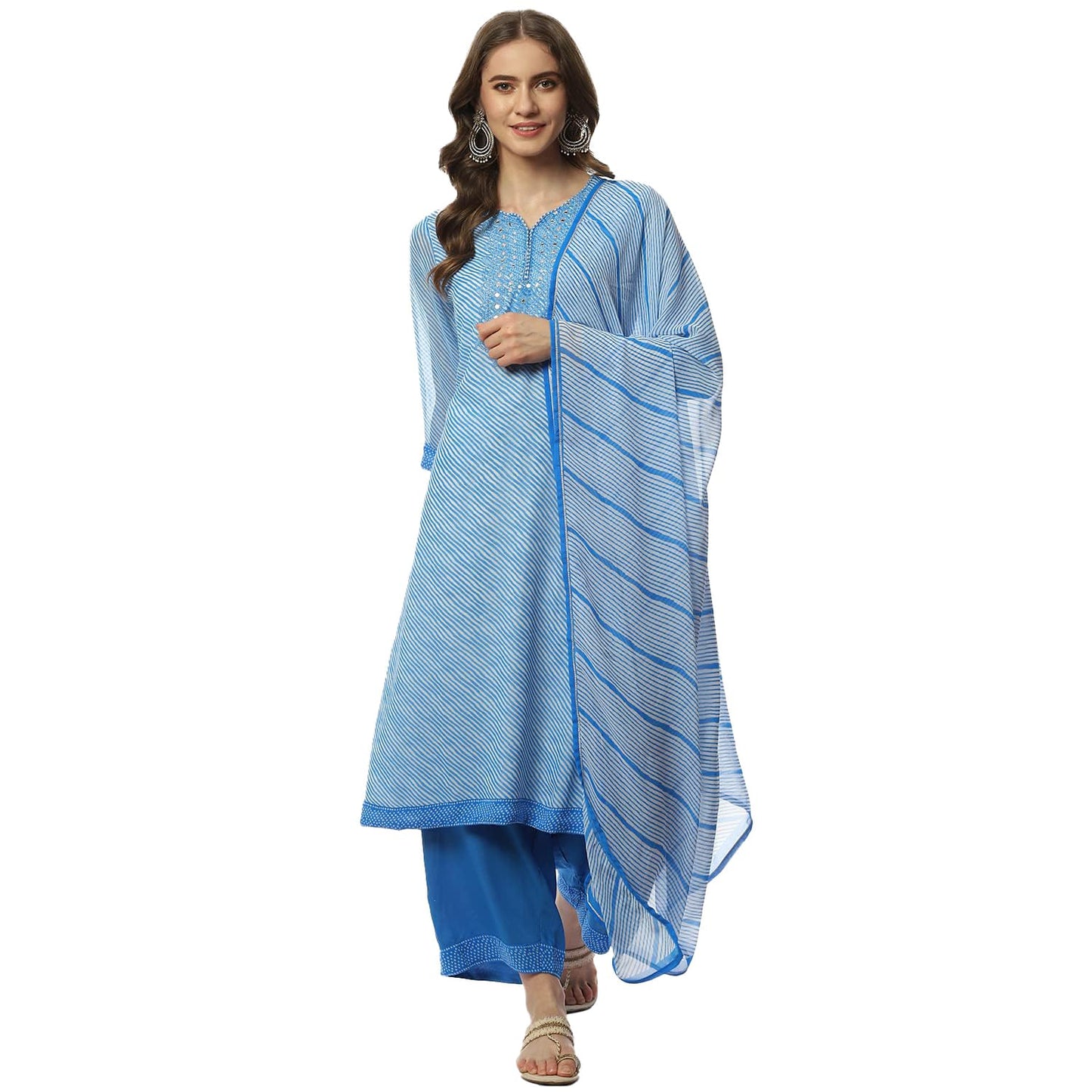 BIBA WOMEN PRINTED STRAIGHT SALWAR KURTA DUPATTA(SKDASSORTED7659_TURQUOISE_42)