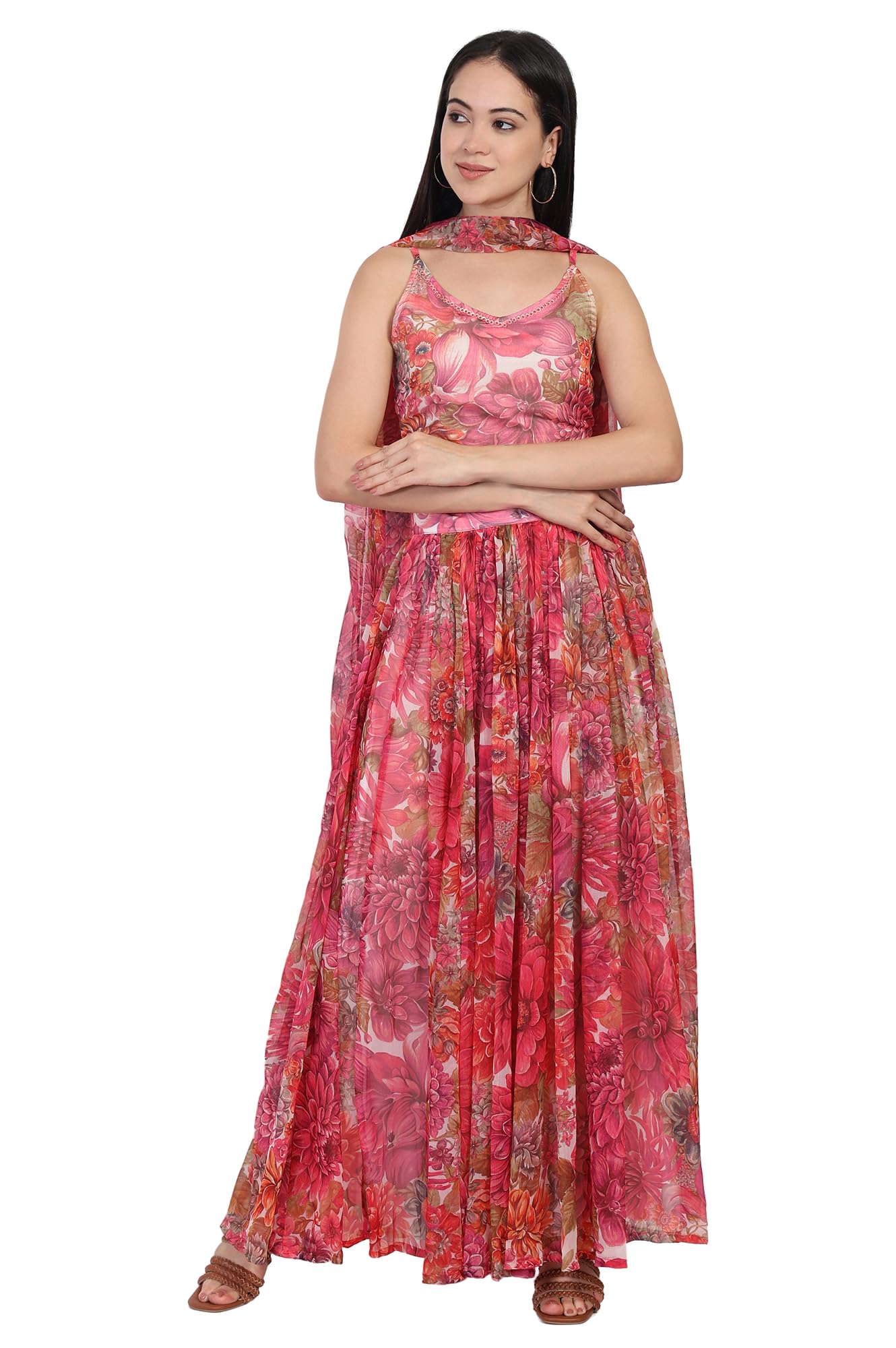 W for Woman Floral Printed Embellished Flared Georgette Crop Top with Skirt and Dupatta Set (WS13898)