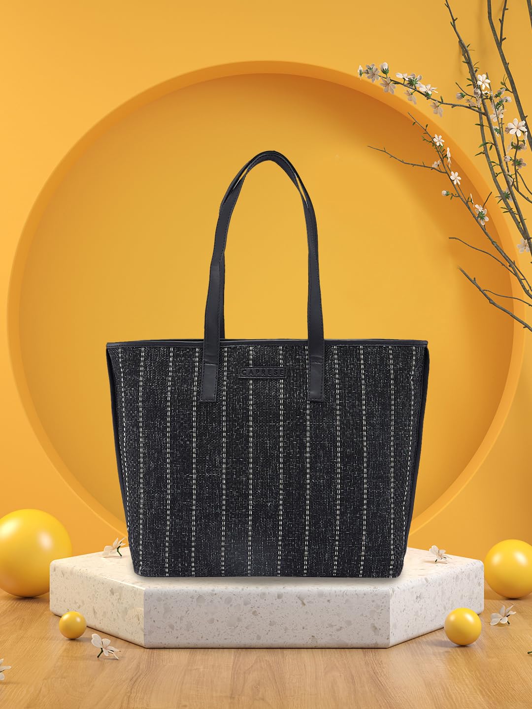 Caprese Evana Tote Medium Black Poly Canvas Striped