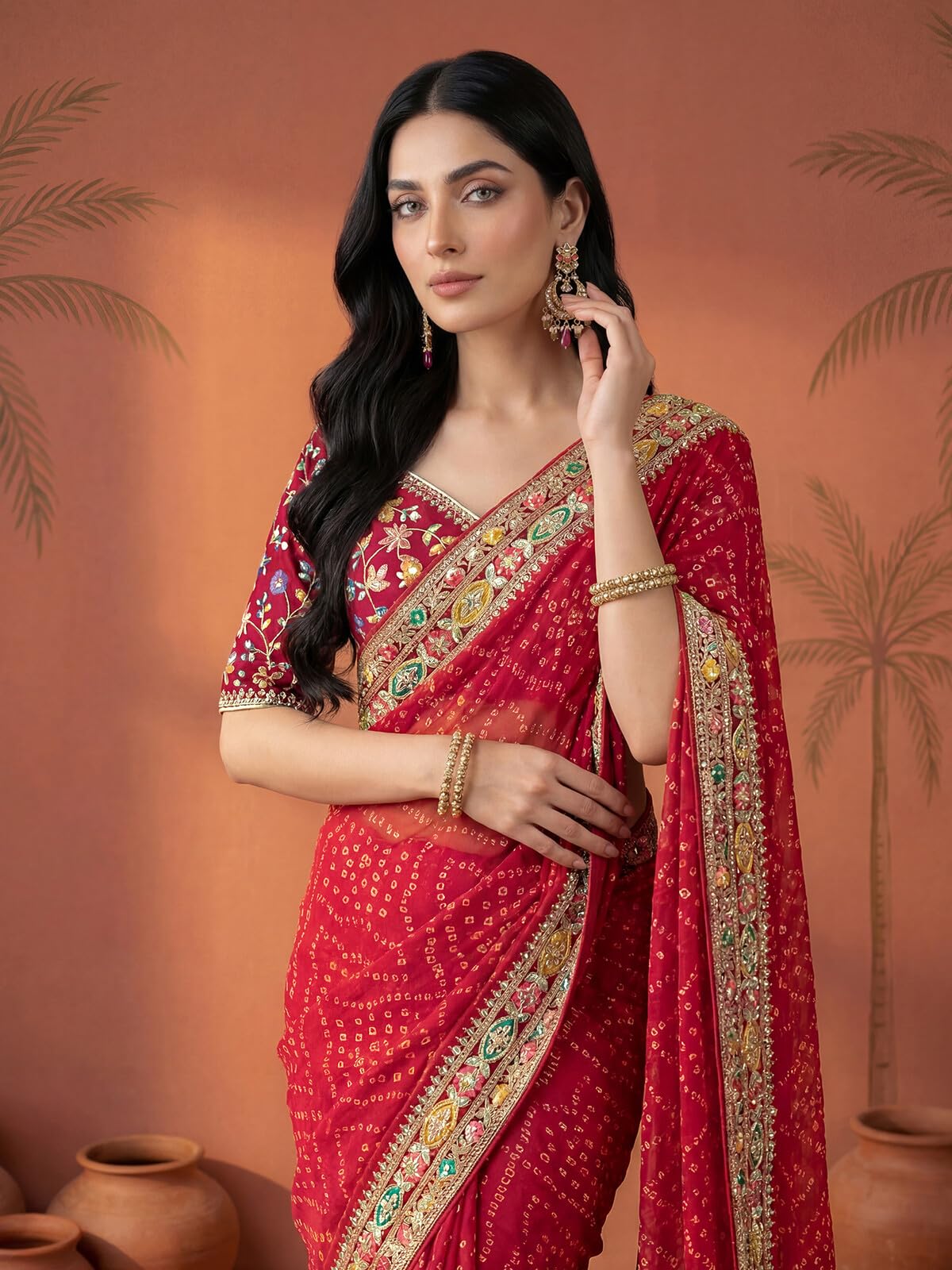 SIRIL Women's Georgette Sequin Embroidery Bandhani Printed Saree with Unstitched Blouse Piece (4486S556AA_Red)