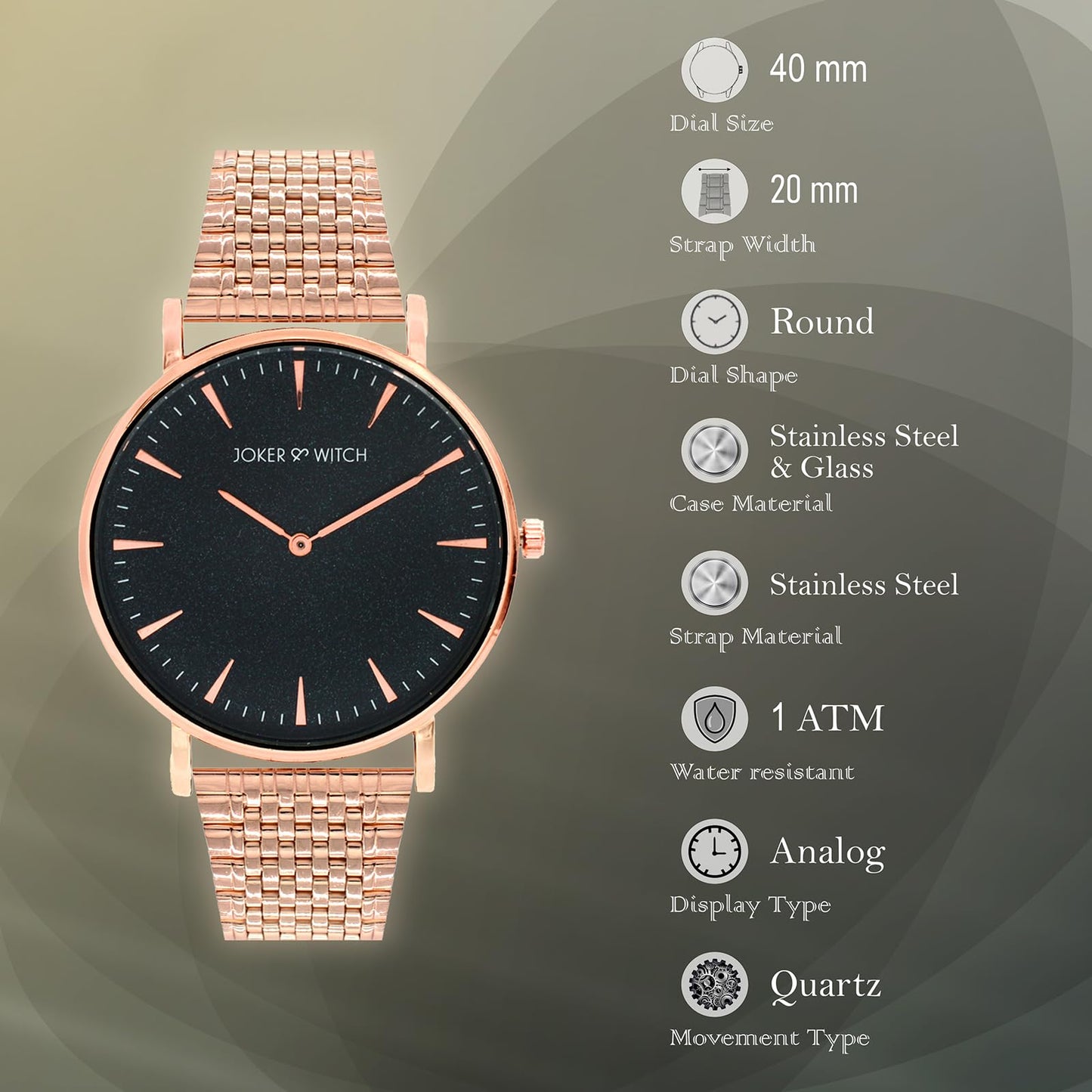 Joker & Witch Aimée Black Dial 20mm Rose Gold Stainless Steel Watch for Women