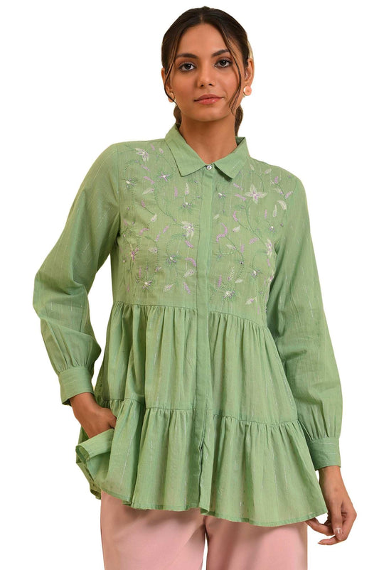 W for Woman Green Lurex Stripes Embroidered Tiered Top (Size: M)-23FEW31268-830263