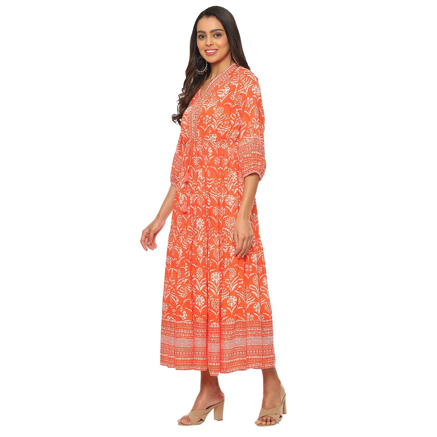 BIBA Women Printed Mix and Match Knee-Length Dress (Casual D1971_Orange_36)