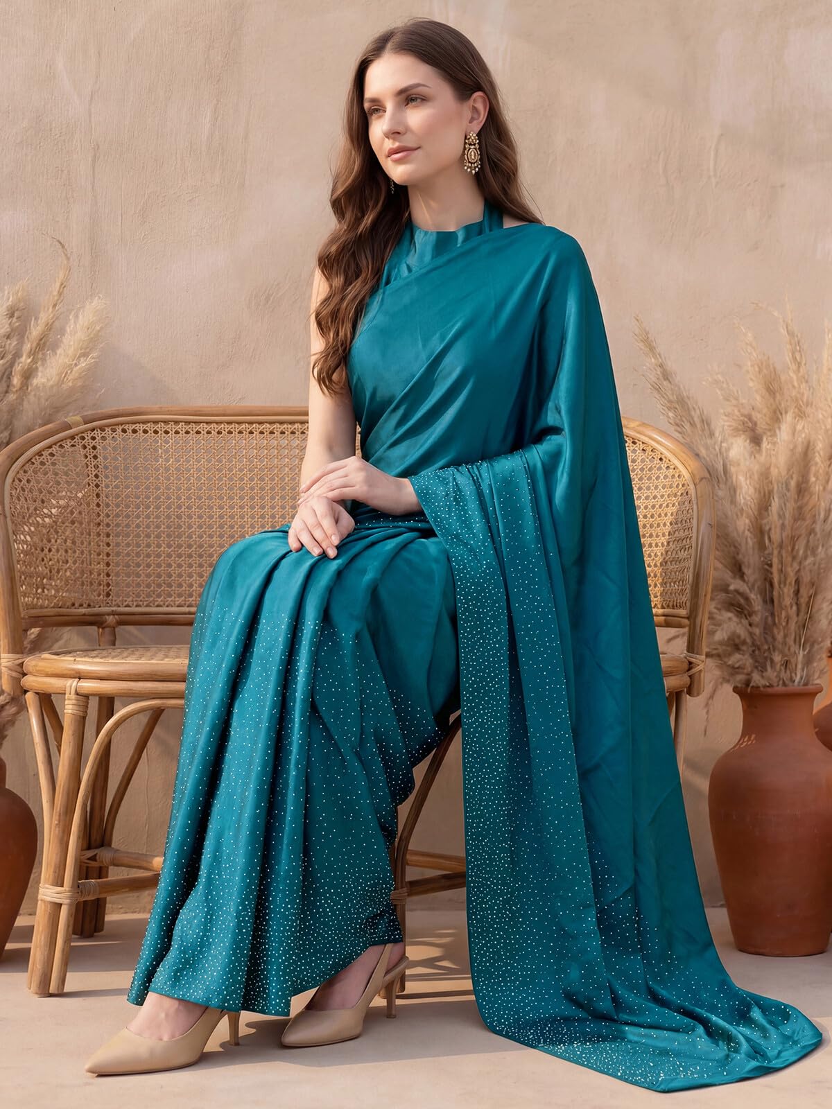 SIRIL Women's Satin Silk Dyed Embellished Saree with Unstitched Blouse Piece (3111S413AAA_Teal Blue)