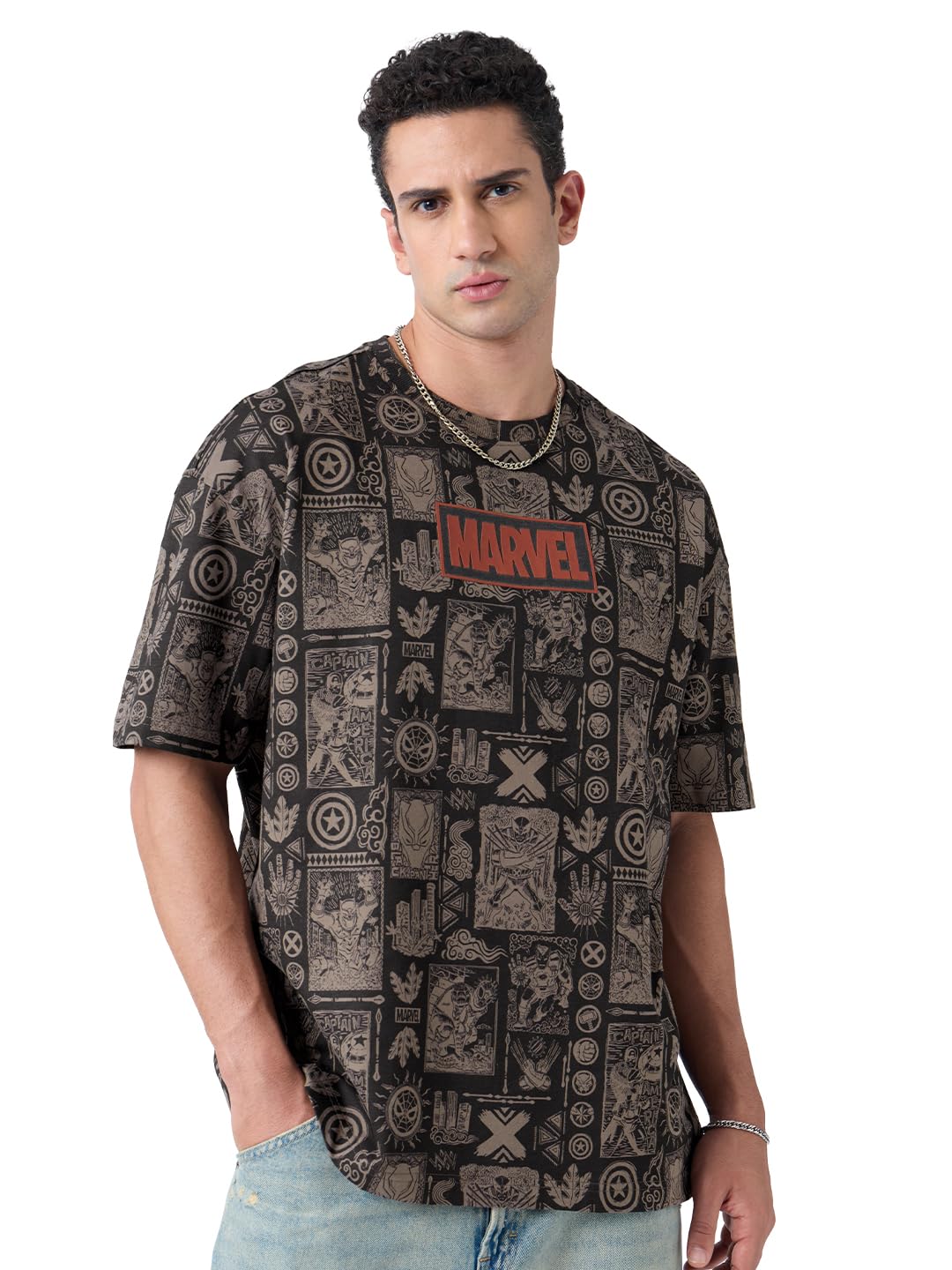 The Souled Store Marvel: Captain America Men and Boys Short Sleeves Round Neck Black Graphic Printed Cotton Oversized T-Shirts