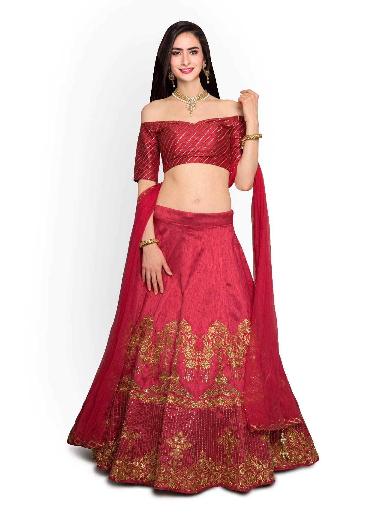Zeel Clothing Women's Faux Silk Semi stitched Lehenga Choli (7030-Red-Wedding-Bridal-Lehenga_Red_Free Size)