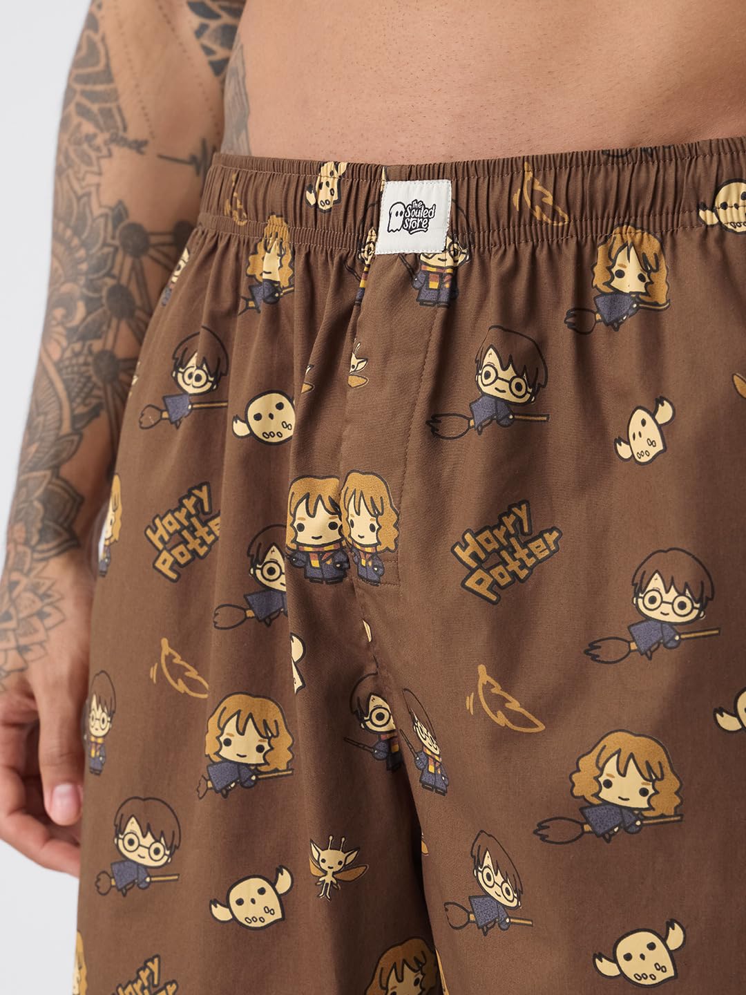 The Souled Store Harry Potter: Chibi Men and Boys Elastic Waistband Brown All-Over Print Cotton Regular Fit Lightweight Breathable Sleepwear Pyjamas |Brown