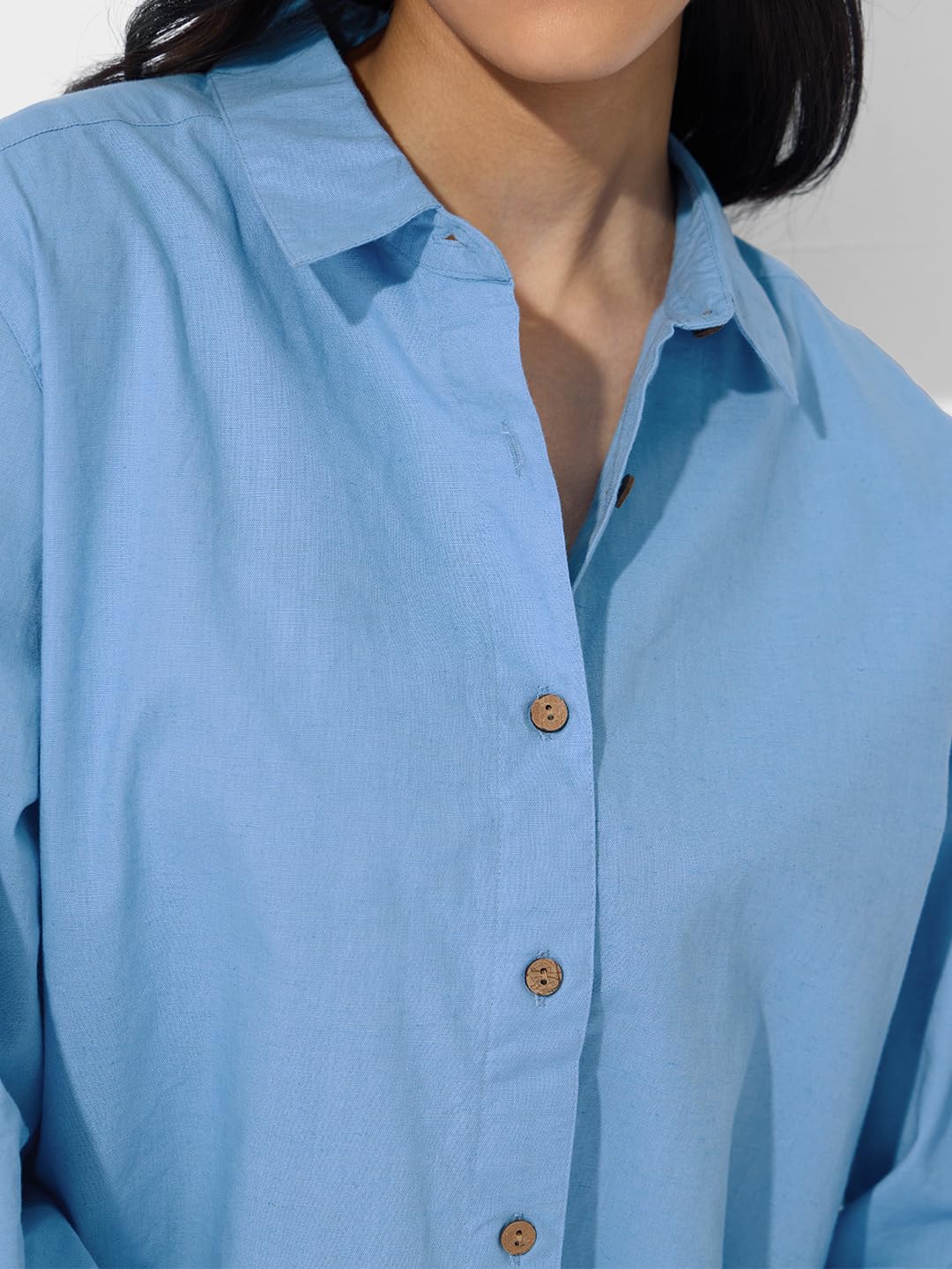 The Souled Store Cotton Linen: Beach Blue Women and Girls Long Sleeves Collared Neck Button Front Blue Embroidered Cotton Linen Boyfriend Shirts