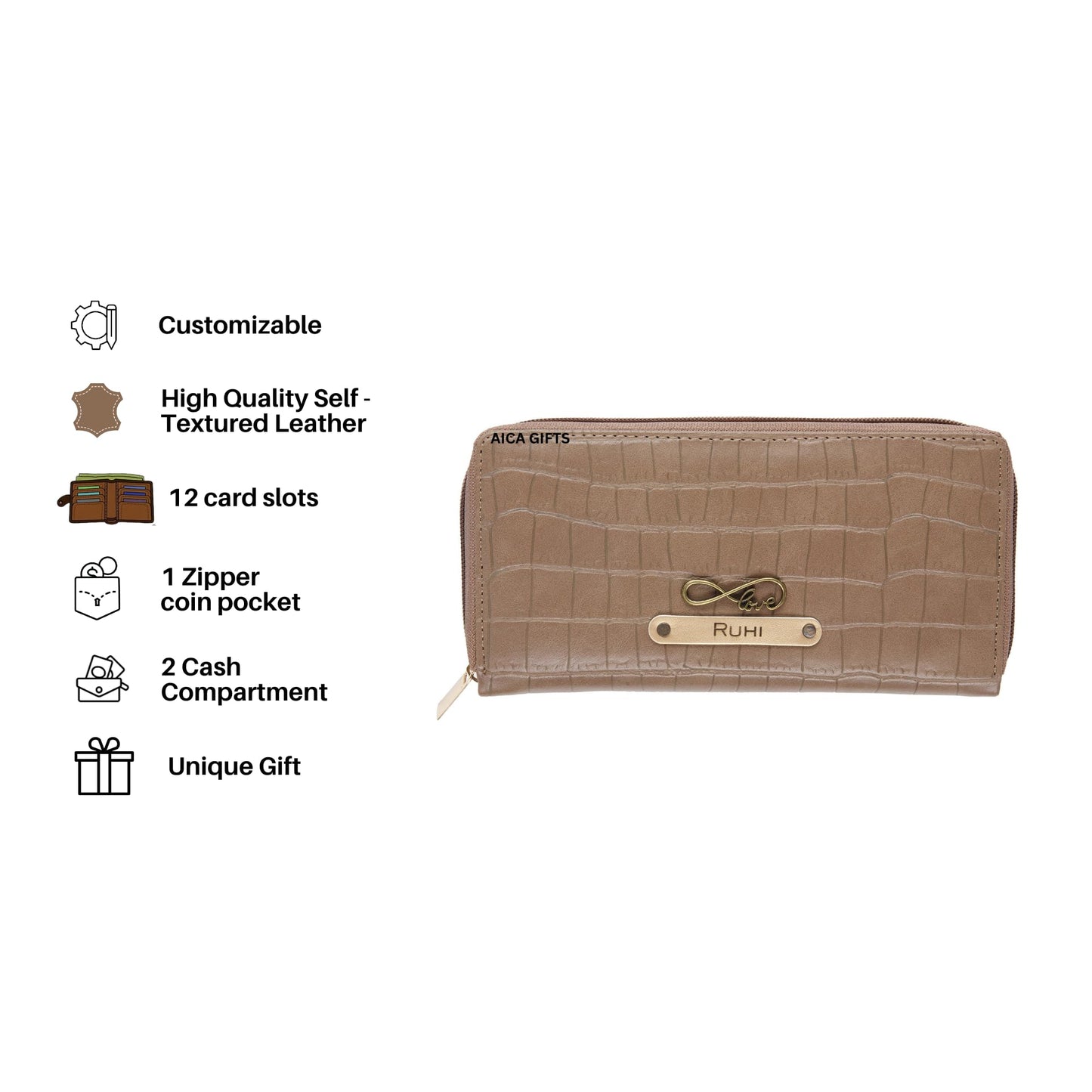 AICA Personalized Name & Charm Women Leather Wallet (Brown) | Customized Corporate Gifts for Birthday Bday Woman Womens Day Girls Girl Office Employee Client Boss Manager | Corporate Gift Items Bulk