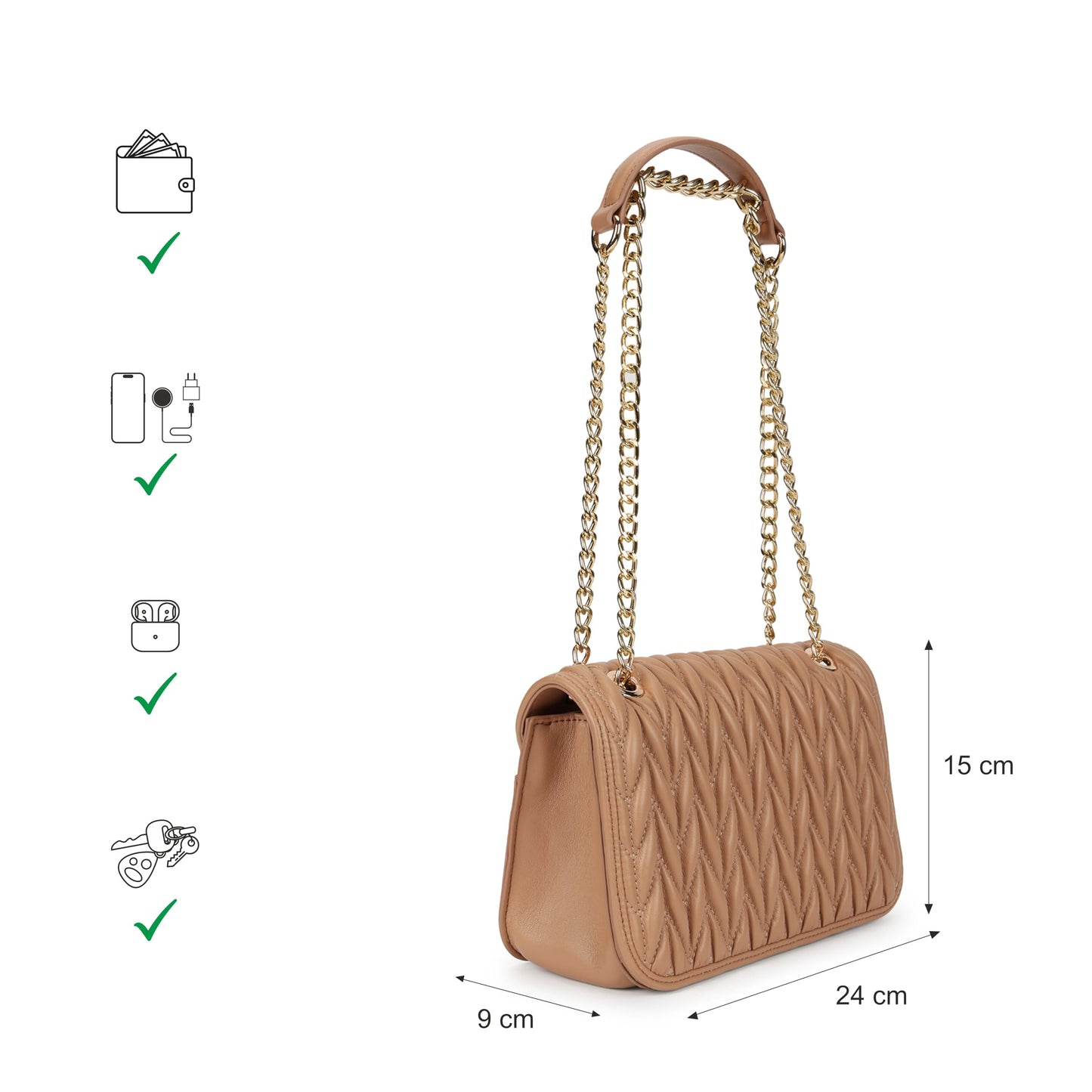 Fastrack QuiltGrid Shoulder Bag | Faux-Leather Women’s Handbag | Diamond Quilted Design | Adjustable Chain Strap | Zipper & Magnetic Closure | Gold-Finish Hardware